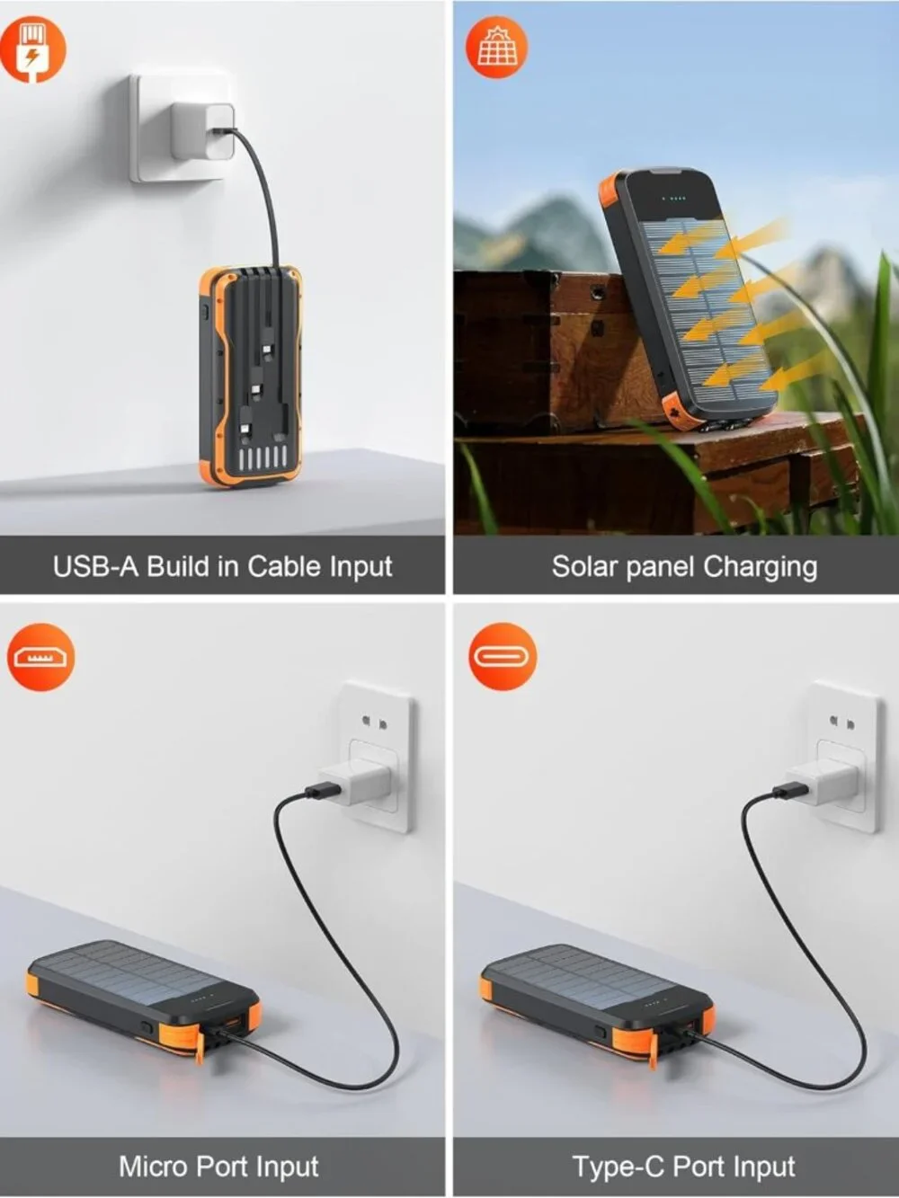 Portable Solar Power Bank 40000mAh, Fast Charging with Built-in Cables